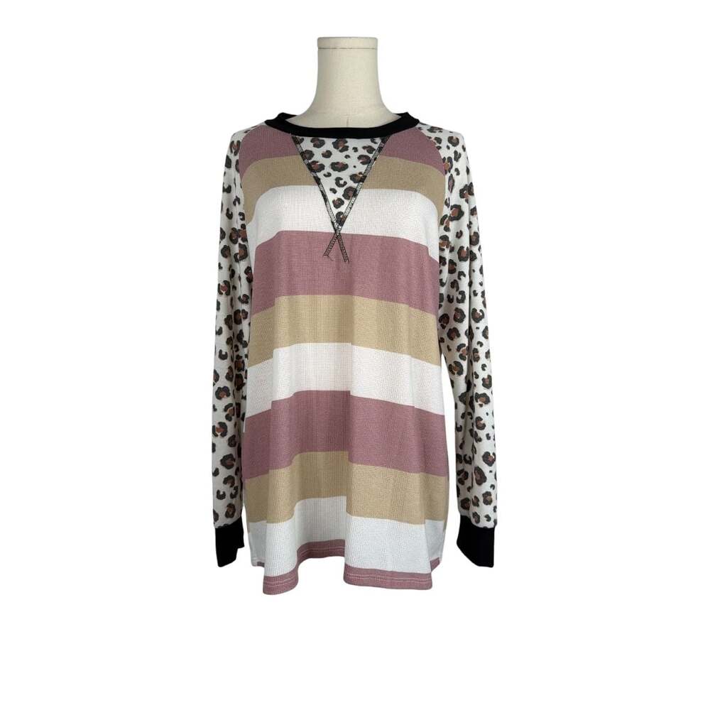 Haptics Mixed Leopard Print and Striped Colorblock Waffle Knit Top Medium